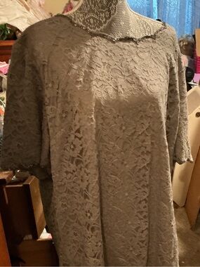Roaman's Neutral Lace Overlay Short Sleeve Tunic with Beaded Neckline